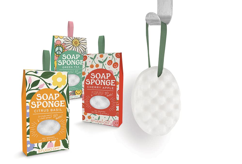 Studio Oh! Be All Smiles Soap Sponge, Cherry Apple Scent - 2-in-1 Body Wash Infused Bath Sponge & Shower Scrubber with Hanging Ribbon, Up to 40