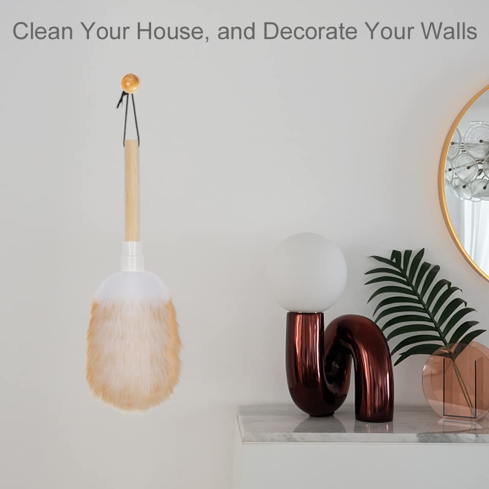 Feather Duster, Lambswool Duster for Cleaning Set of 2, Wooden Handle with Hanging Rope, Washable Reusable Small Hand Duster for Cleaning Wall Plant