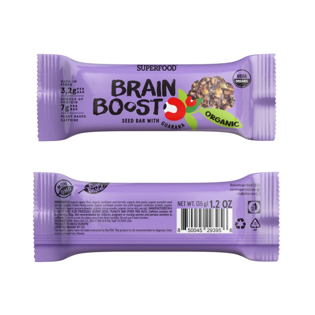 Brain Boost Caffeinated Seed Bars | Natural Energy & Focus | Rich Cocoa with Guarana | Vegan, High-Fiber Snack | 24-Pack