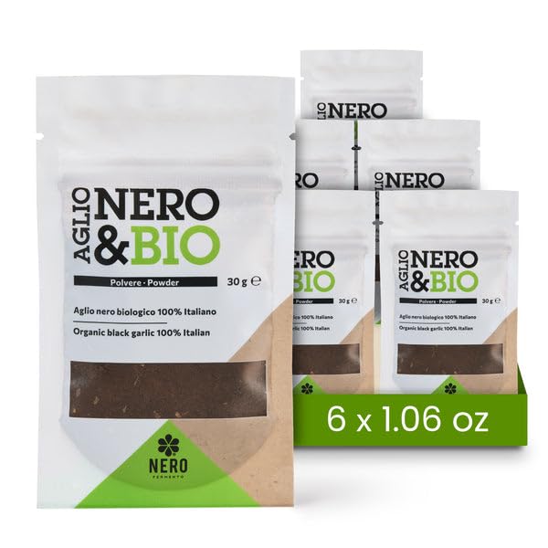 Nero Fermento Organic Black Garlic Powder, 30gr - Produced by Natural Fermentation of “Voghiera Garlic” bulbs. Vegan (Pack of 6)