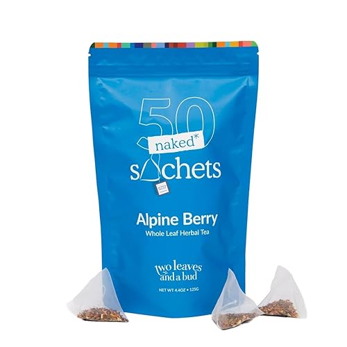 Two Leaves and a Bud Alpine Berry - 50 Naked Tea Sachets, Naturally Caffeine Free, Whole Leaf Herbal Tea in Unwrapped Pyramid Sachets, Resealable Bag