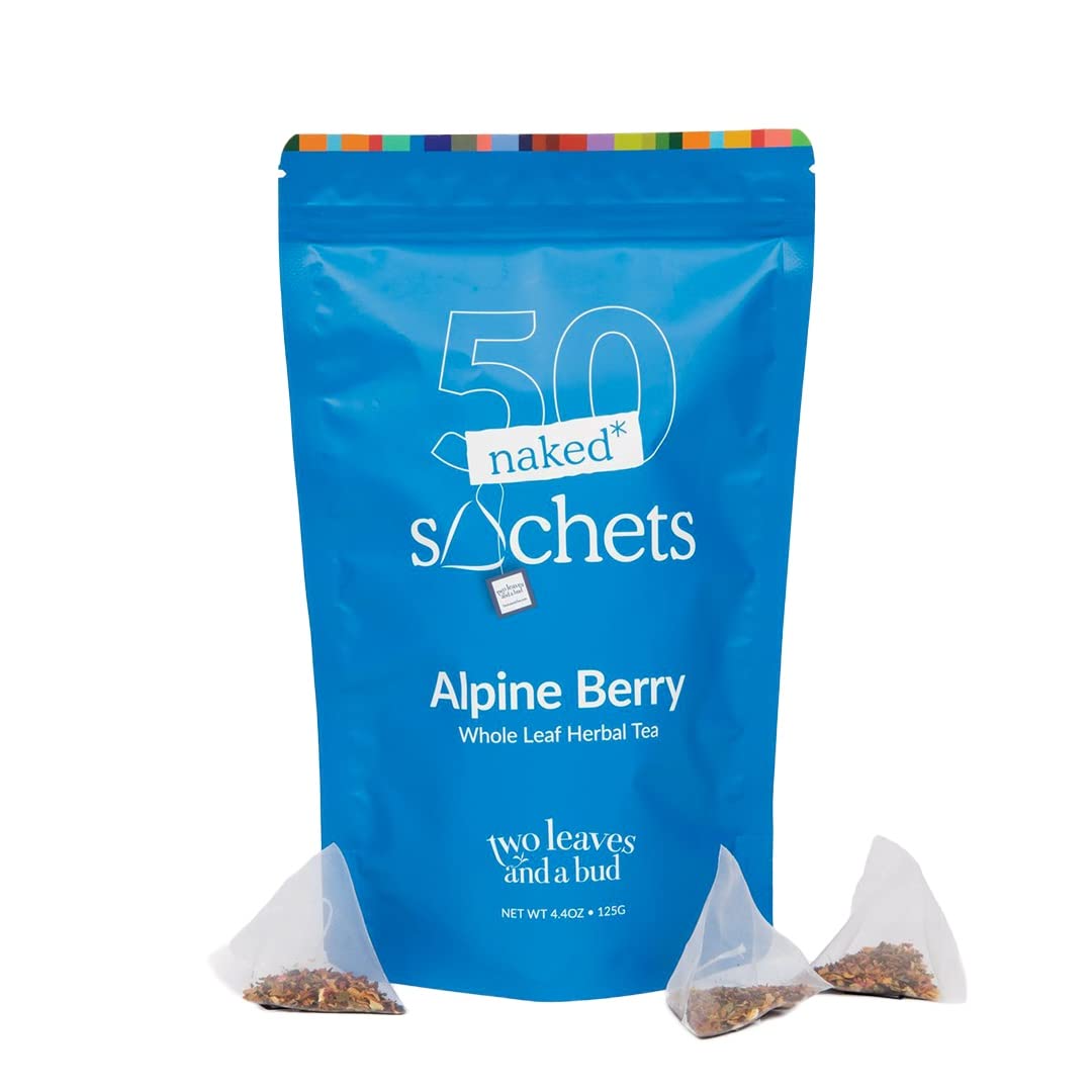 Two Leaves and a Bud Alpine Berry - 50 Naked Tea Sachets, Naturally Caffeine Free, Whole Leaf Herbal Tea in Unwrapped Pyramid Sachets, Resealable Bag