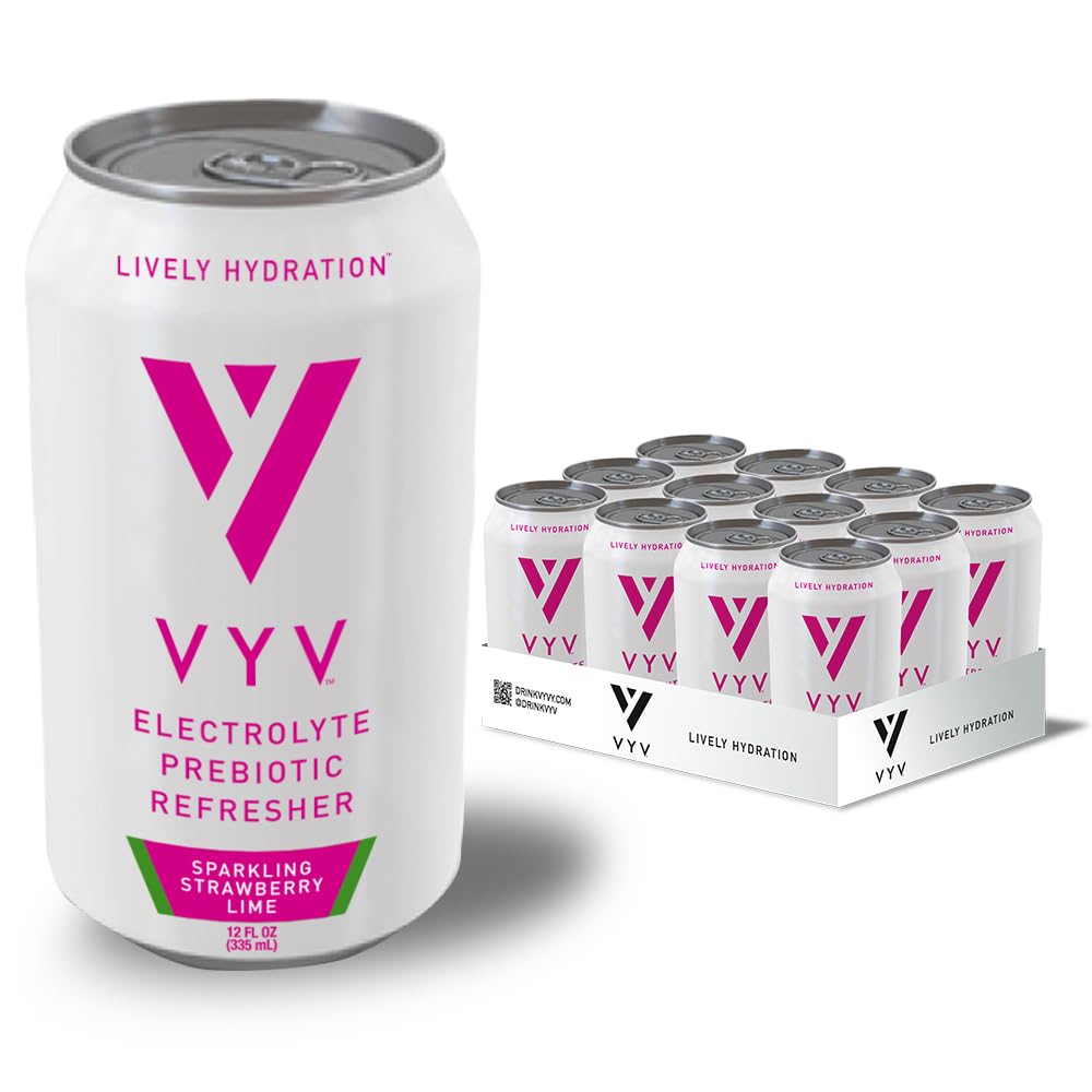 VYV Sparkling Strawberry Lime Hydration - Electrolytes + 5g Prebiotic Fiber, 1g Sugar, Real Juice, Non-GMO, Gluten Free, Plant-Based - 12 fl oz Cans
