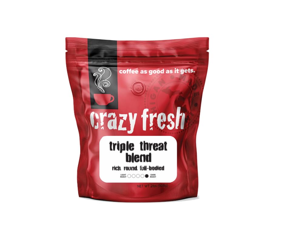 Crazy Fresh Triple Threat Whole Bean Coffee, 2 lb, Dark Roast Blend, Dark Chocolate, Bold Winey Finish, Full Bodied