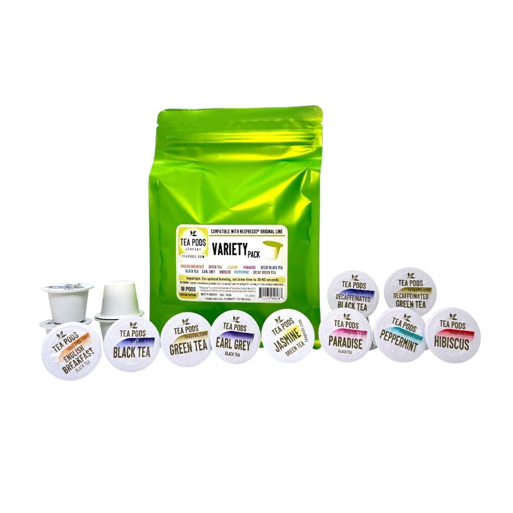 Variety pack tea pods compatible with Nespresso OriginalLine - 18 single-serve capsules hibiscus, english breakfast, peppermint, jasmine, paradise