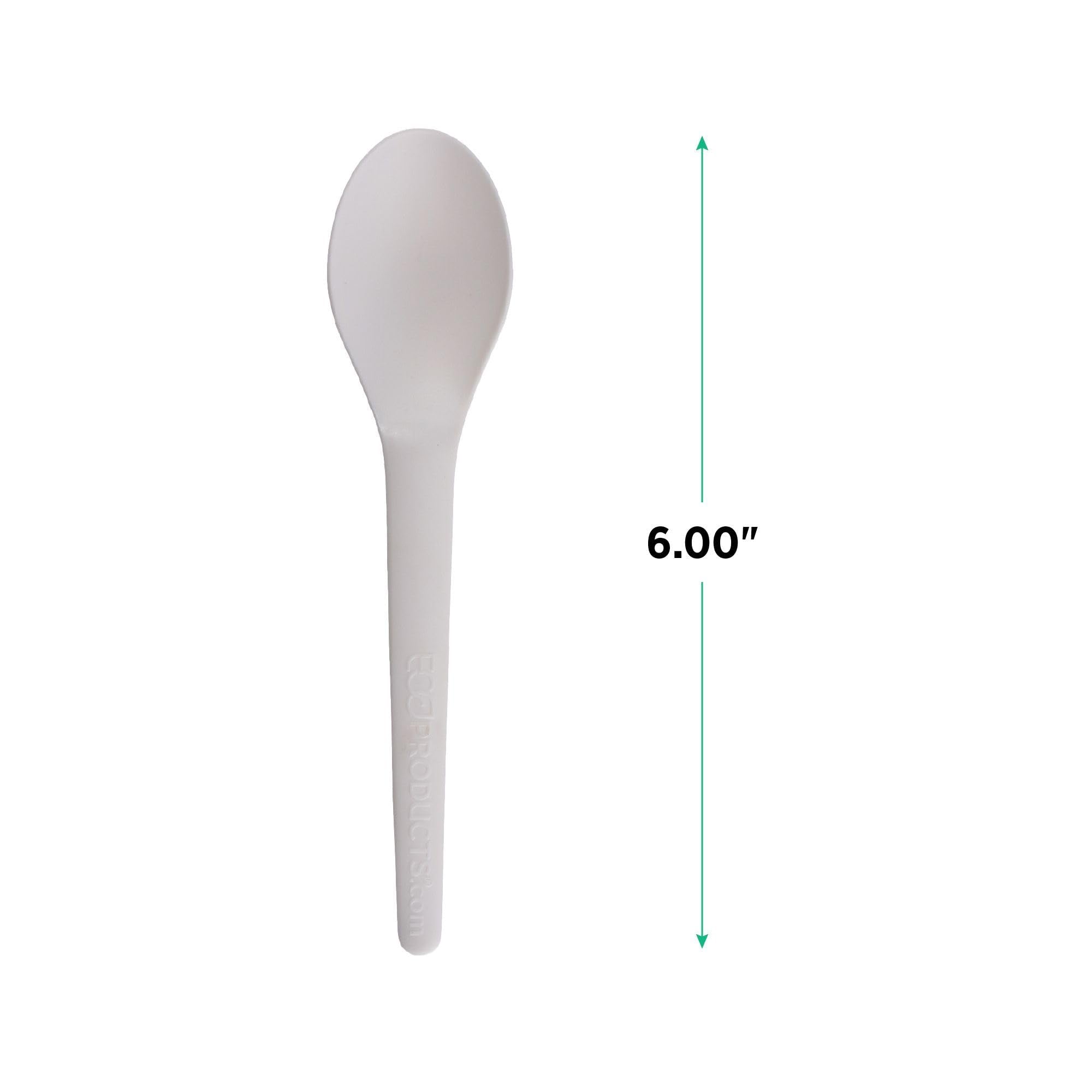 Eco-Products Compostable CPLA 6" Plastic Spoons, Case of 1000, Individually Wrapped Spoon, Disposable White Plantware Cutlery, Renewable Material Made