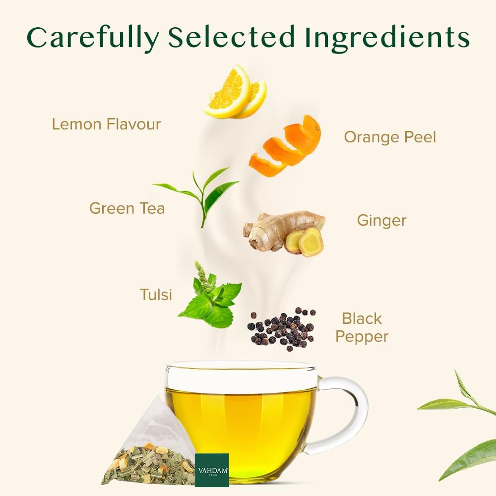 VAHDAM, Lemon Ginger Tea Bags (100 Green Tea Bags) Low Caffeine | Fruity Flavor - Zesty Lemon & Ginger, Orange Peel | Resealable Ziplock Pouch | Brew