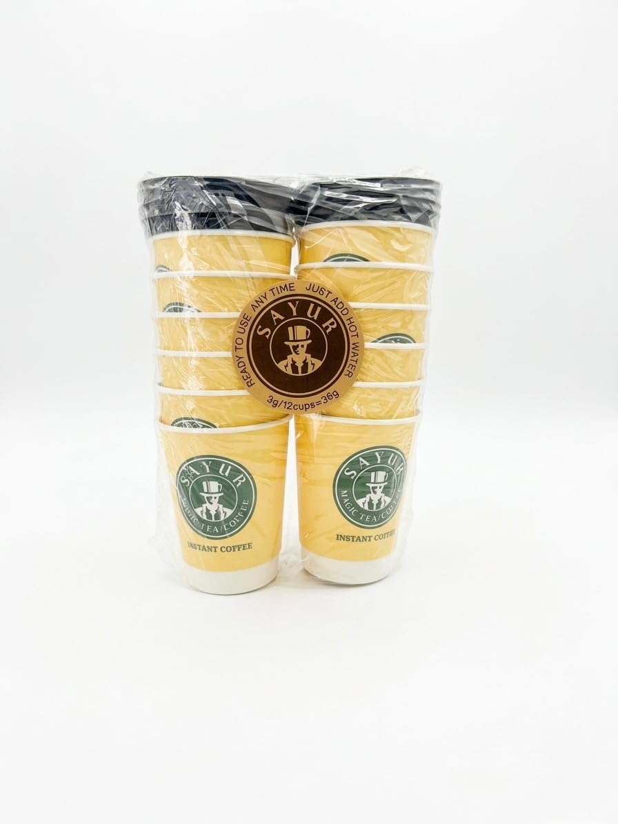 SAYUR Instant Coffee in a Cup, Medium Roast, Caffeinated, 12 oz, Pack of 12, Hot, Ready to Use for office