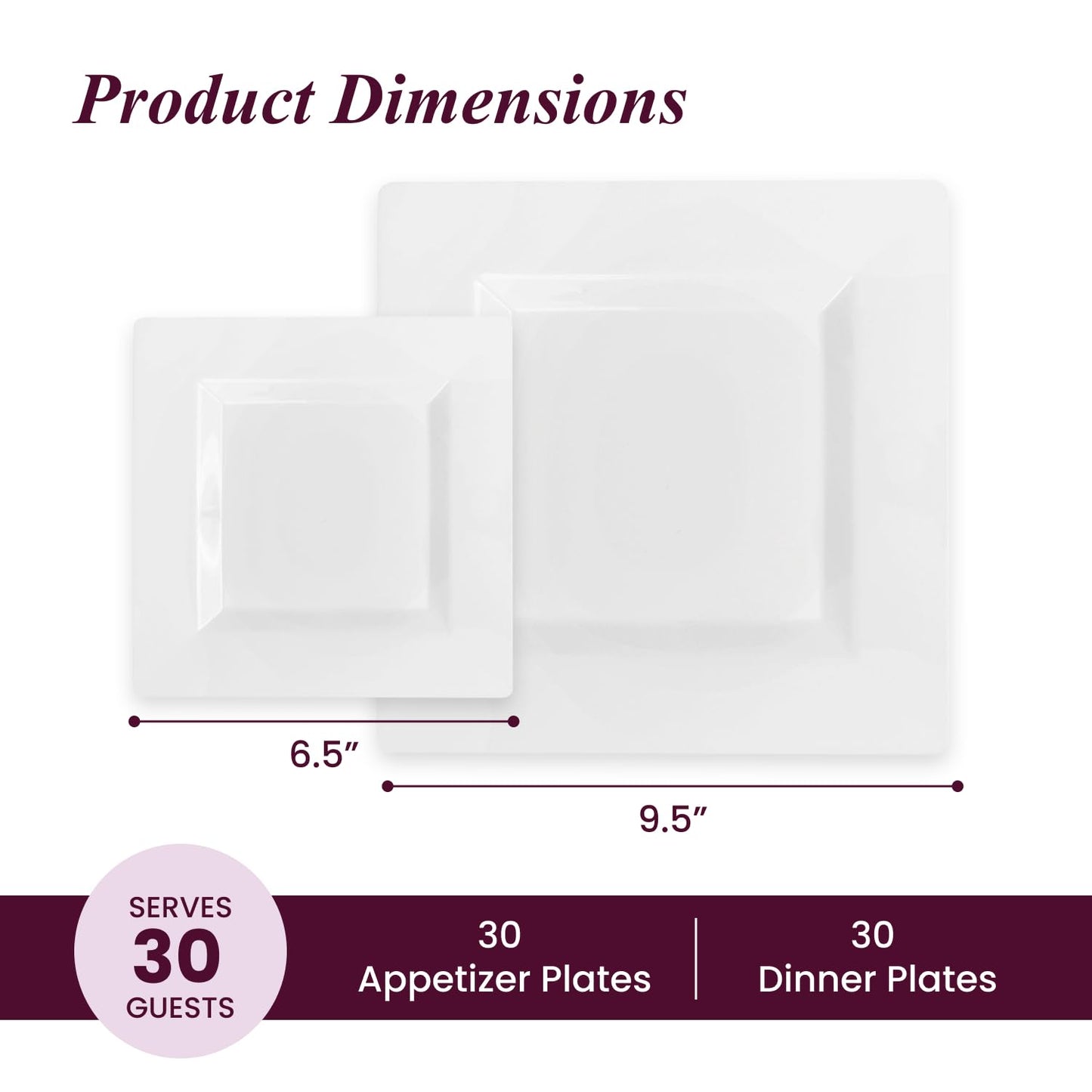 Aya's 60ct Square Plastic Disposable Plates, White - 9.5-Inch 30 Dinner and 6.5-Inch 30 Salad Plates for Party - Heavy-Duty Hard Plastic Design