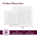 Aya's 60ct Square Plastic Disposable Plates, White - 9.5-Inch 30 Dinner and 6.5-Inch 30 Salad Plates for Party - Heavy-Duty Hard Plastic Design