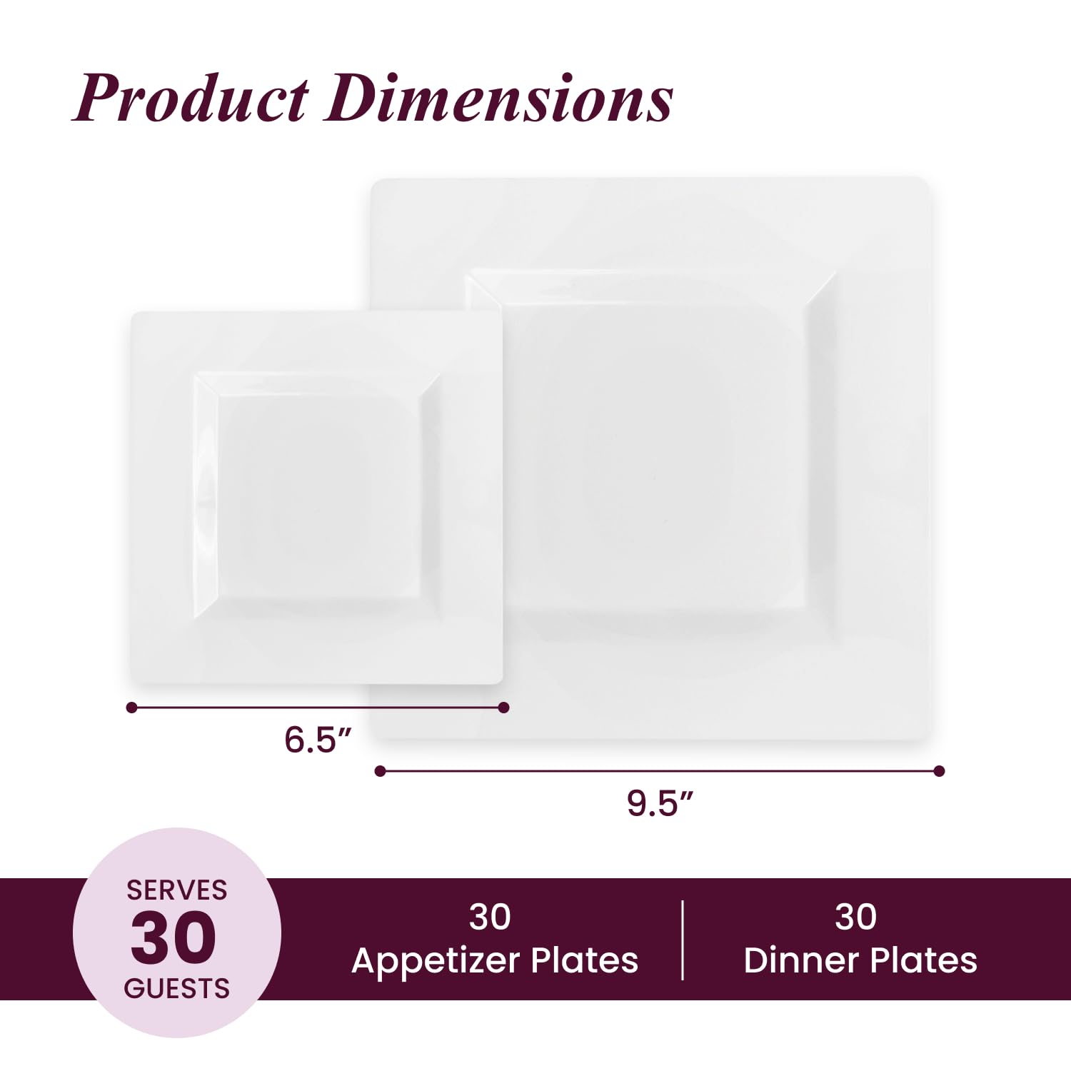 Aya's 60ct Square Plastic Disposable Plates, White - 9.5-Inch 30 Dinner and 6.5-Inch 30 Salad Plates for Party - Heavy-Duty Hard Plastic Design