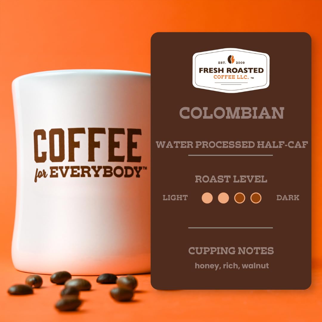 Fresh Roasted Coffee, 100% Colombian Water-Processed Half-Caf Whole Bean Coffee, Medium Roast, Kosher, 2 lb (32 oz)