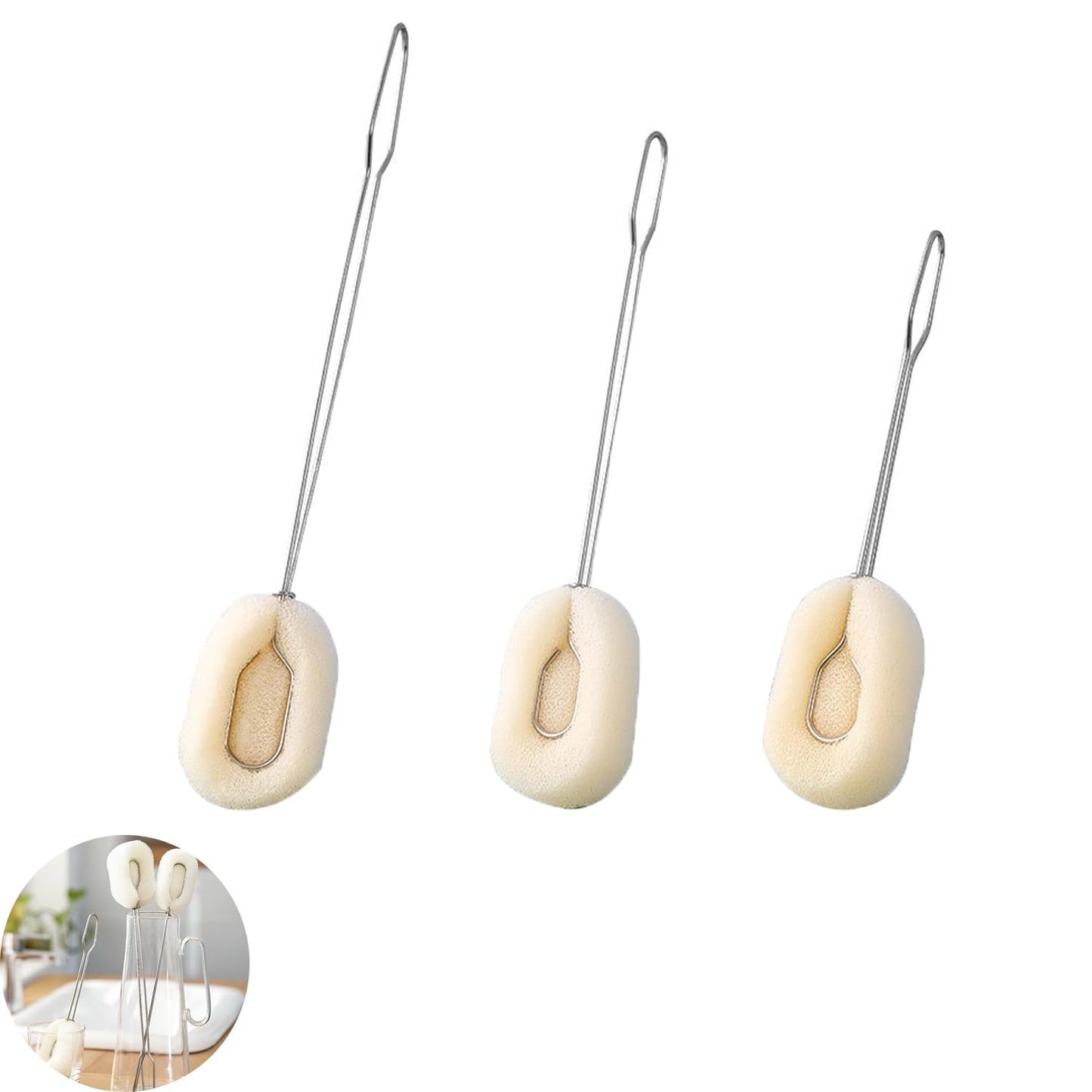 UtySty 3 Pack Sponge Bottle Brush with Long Handle Dish Cleaner Set Non Scratch Sponges Clips Adapter Glassware Cleaning Brush Kit for Drinking