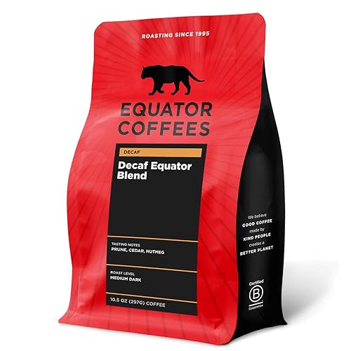Equator Coffees, Equator Blend Decaf Ground Coffee, Medium Dark Roast, Fresh Roasted, Smooth Chocolate Nutmeg Flavor Notes, Sustainable, Decaffeinated