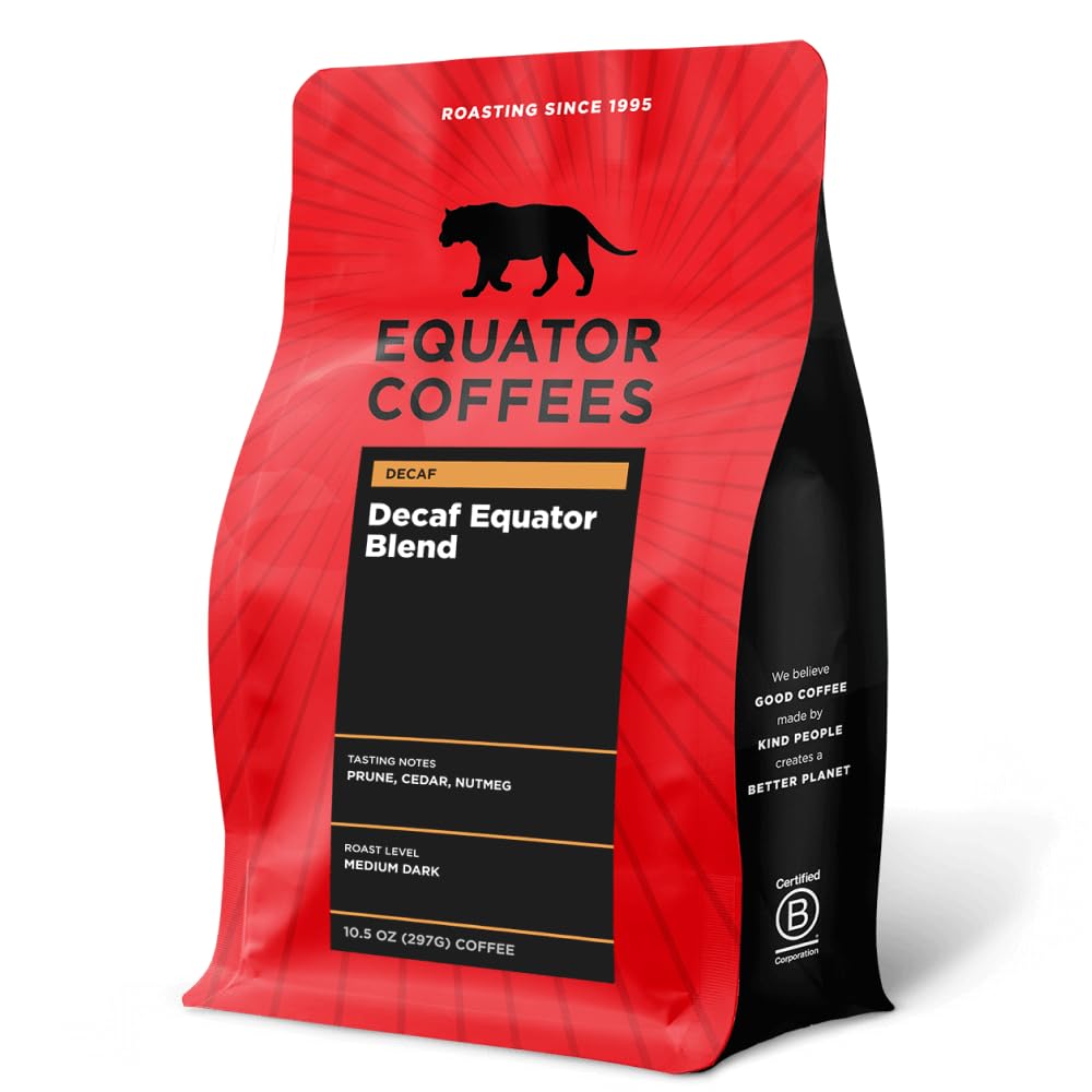 Equator Coffees, Equator Blend Decaf Ground Coffee, Medium Dark Roast, Fresh Roasted, Smooth Chocolate Nutmeg Flavor Notes, Sustainable, Decaffeinated