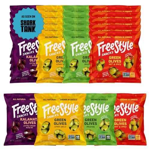 Freestyle Snacks Olive Snack Packs - 24 Pack Variety - Original Green, Hot & Spicy, Lemon Garlic, and Kalamata - Grown in Greece, All Natural