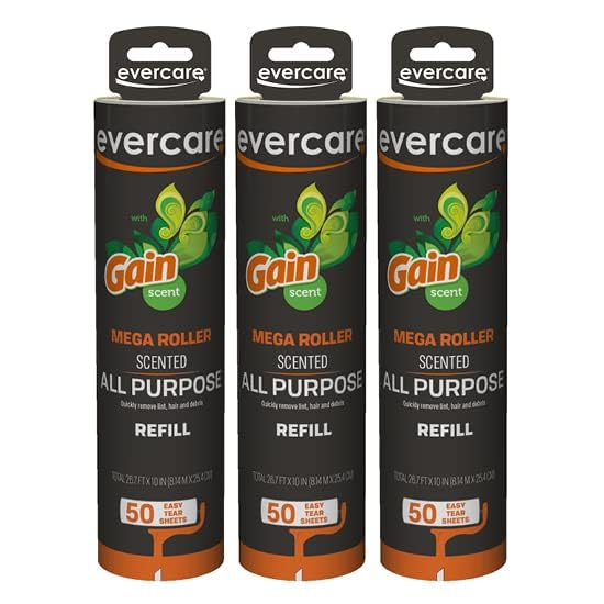 Evercare Pack of 3 Gain Scented All-Purpose Mega Lint Roller Refill Rolls, 50 Sheets Each