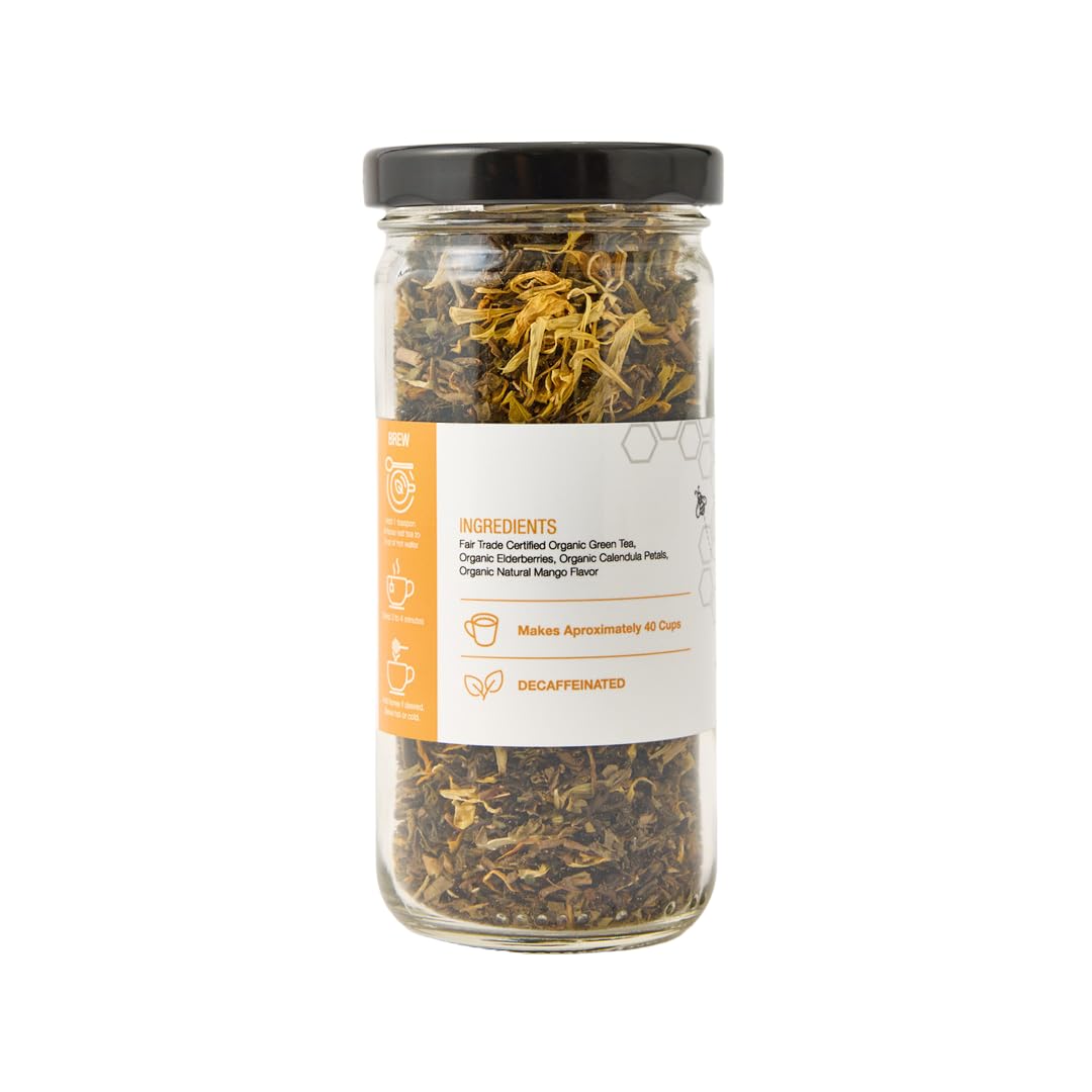 Caffeine Free Mango Loose Leaf Green Tea, Decaffeinated Pure Natural Herbal Tea Blend with Elderberry and Calendula (2 ounce)