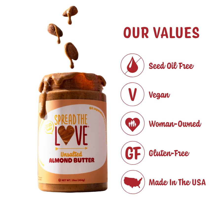 Spread The Love UNSALTED Almond Butter, 16 Ounce (All Natural, Vegan, Gluten-free, Creamy, No added salt, No added sugar, No palm fruit oil, Not