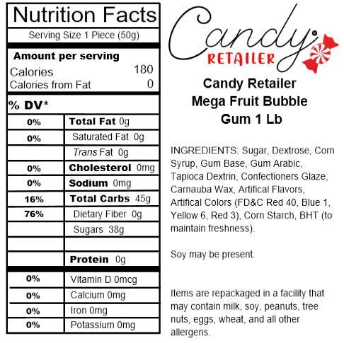 Candy Retailer Mega Fruit Bubble Gum 1 Lb - Strawberry, Lemon, Orange, Grape, Watermelon, Apple Flavors