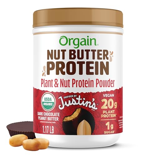 Orgain X Justin's ® Organic Vegan Nut Butter Protein Powder, Chocolate Peanut Butter- 20g Plant Protein, 1g Sugar, Gluten Free, No Dairy, Soy