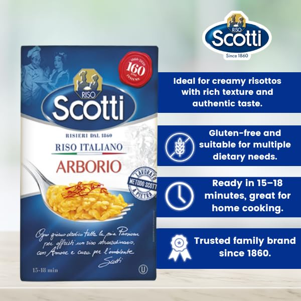 Arborio Rice, Risoto Rice, 100% Italian, 2.2 Lb (1 kg) Chef Selection, Recipe Included For Easy Preparation, Gluten Free, Non-GMO, Vacuumed Packed, Riso Scotti
