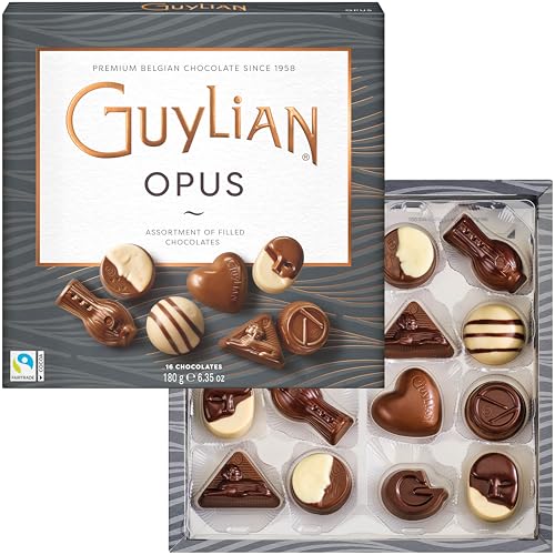 Belgian Chocolate Gift Box by GuyLian, 6.35 oz, 16 pc Opus Luxury Assortment, Premium Gourmet Chocolate, Milk, White & Dark Candy Treat for Women