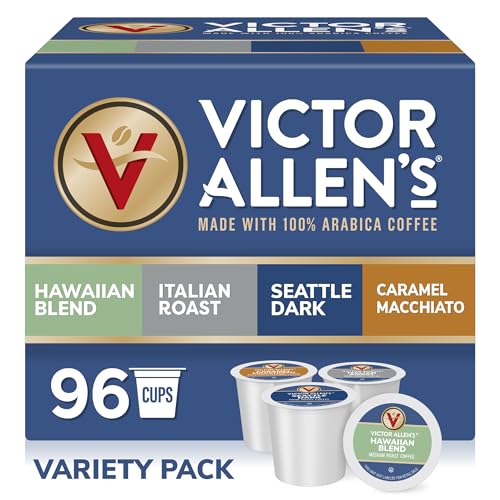 Victor Allen's Coffee Variety Pack (Hawaiian Blend, Italian Roast, Seattle Dark, Caramel Macchiato), 96 Count, Single Serve Coffee Pods for Keurig