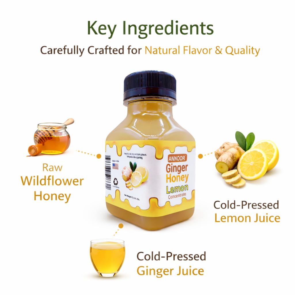 Ginger Lemon & Honey Concentrate Juice by Annoor |8.5 Fl Oz | NFC | No pulp. Easy to mix | Use in Detox Water, Refreshers, Ginger Lemon Tea