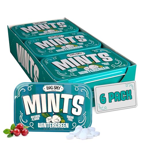 Big Sky Sugar Free Wintergreen Mints - 50 Count Tin (Pack of 6) | Kosher Certified, Vegan Wintergreen Candy | Aspartame & Gluten Free, Natural Breath