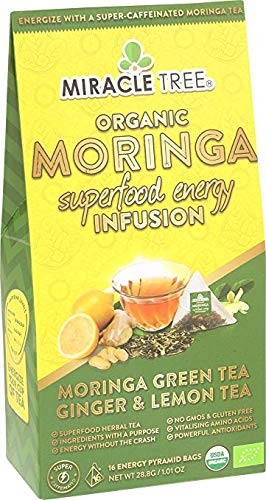 Miracle Tree's Moringa Energy Tea - Green Tea with Ginger & Lemon | Super Caffeinated Blend | Healthy Coffee Alternative, Perfect for Focus | Organic