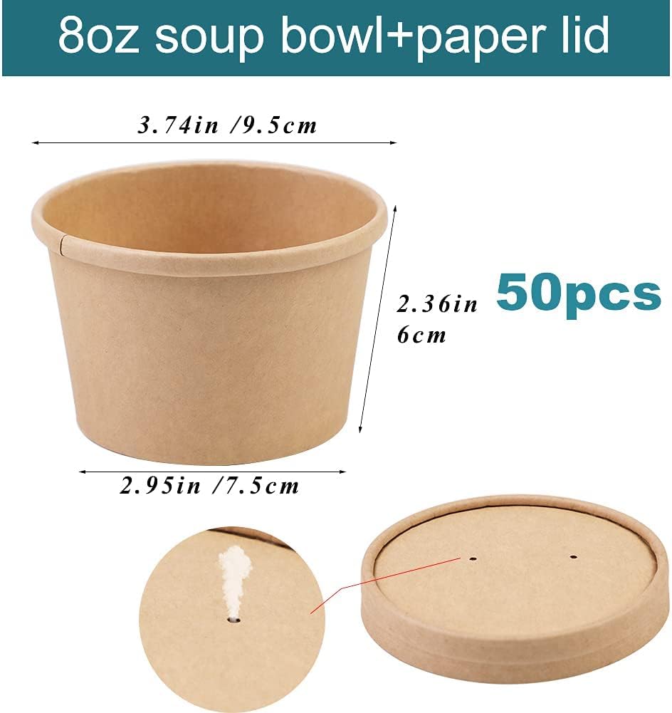 Wuadua Disposable 8 oz 50 Pack Paper Soup Containers with Lids - Takeout Soup Bowls for Noodles, Salad, Restaurant, Catering, Food Storage - Microwave