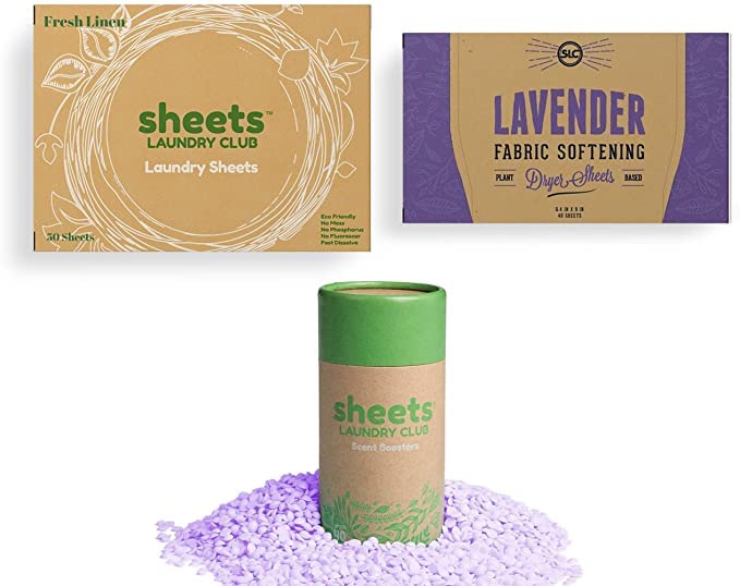Sheets Laundry Club Bundle - 50 Pack (up to 100 loads) Fresh Linen Detergent Sheets, 40 Pack Vitality Dryer Sheets & 8 Oz. Sea Breeze Scent Booster