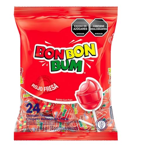 Bon Bon Bum - Fruity Lollipop with Bubble Gum center - Perfect for Parties and Sharing (24, Fresa (Strawberry))