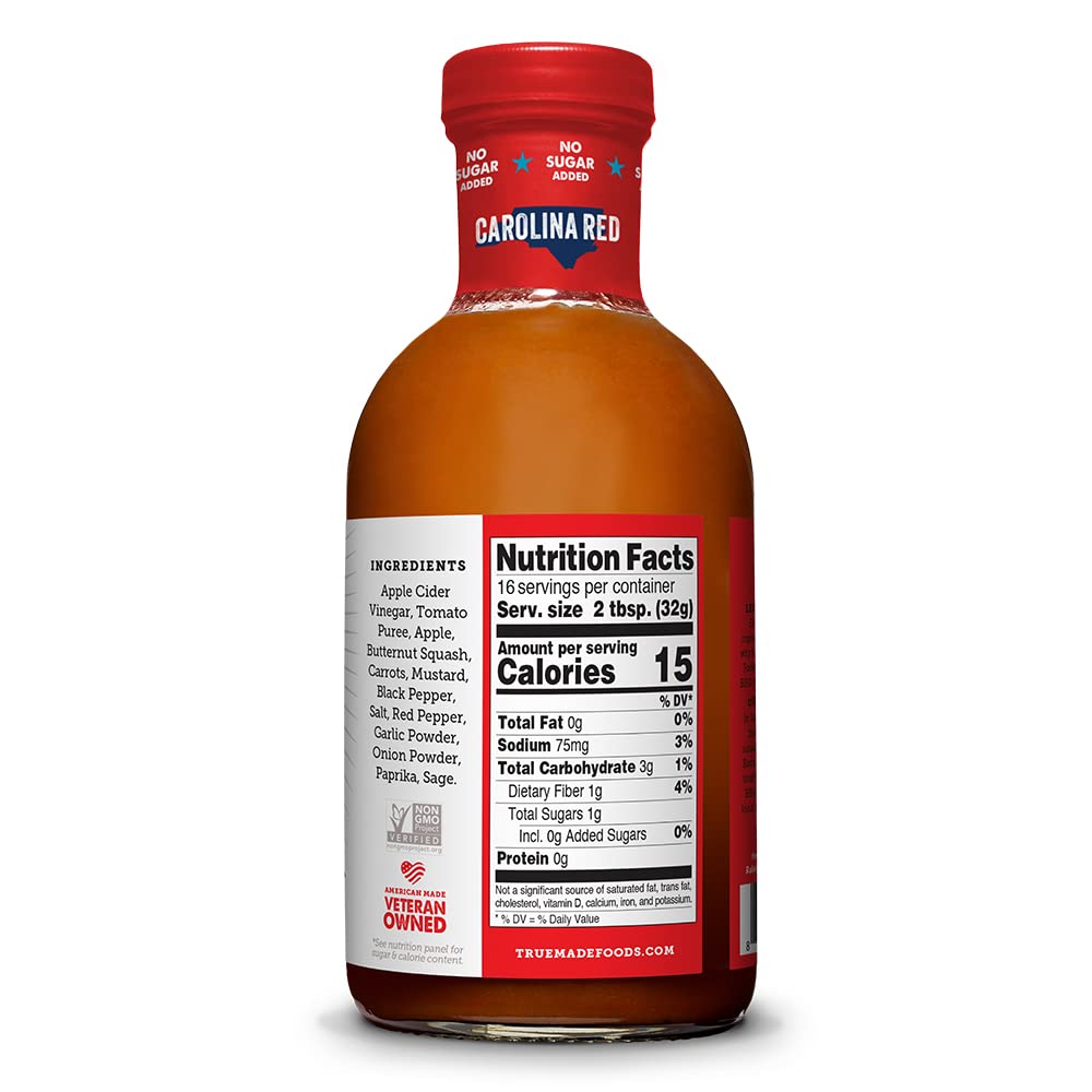 True Made Foods Carolina Red BBQ Sauce, Authentic Pitmaster Barbecue Recipe, No Sugar, Keto, Whole30, Paleo, Vegan, Gluten Free (18oz, 3 Pack)