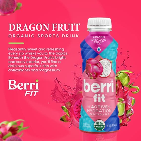 Berri Fit Hydration - Organic Dragon Fruit Flavor Natural Sports Drink - Plant-Based Electrolyte Beverage - Low Calorie, Paleo Coconut Water Solution