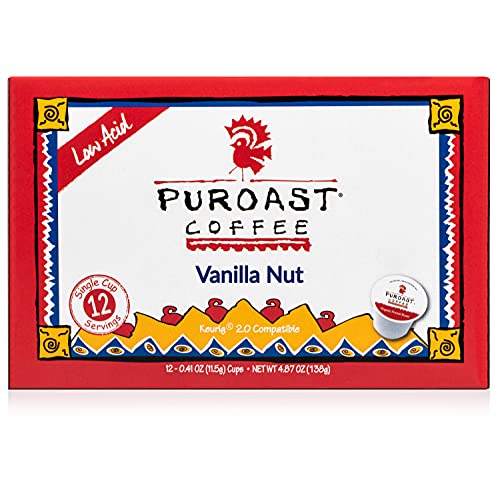 Puroast Low Acid Coffee, Single Serve Pods, Vanilla Nut, Medium Roast, High Antioxidants & High pH, No Bitter Aftertaste, Reduced Heartburn & GERD