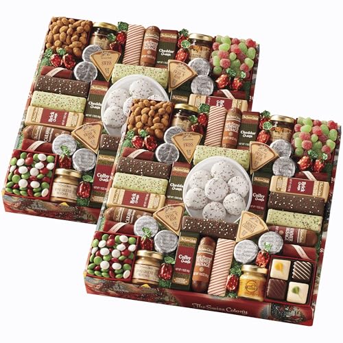 2 Holiday Gift Boxes - The Swiss Colony 43 Season Pleasers - Assorted Summer Sausage Meats, Mini Meat Sticks, Cheese Bricks and Wedges, Candies