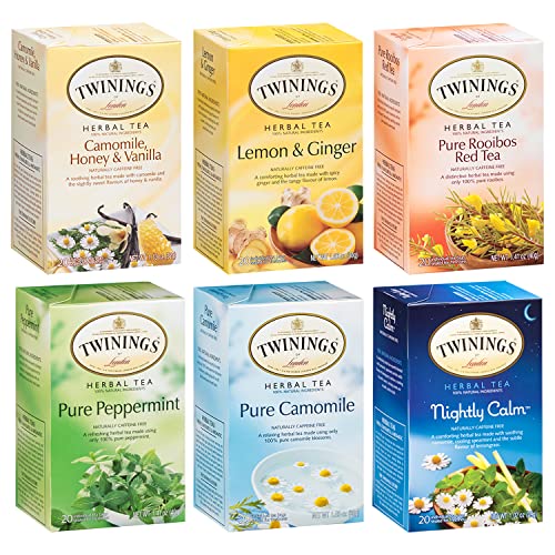 Twinings Herbal Tea Bags Variety 6-Pack - Naturally Caffeine-Free Teas, Peppermint, Red Rooibos, Lemon & Ginger & Camomile Varieties, 20 Count Each