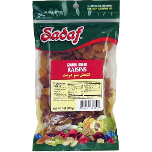Sadaf Golden Jumbo Raisins - Golden Sultanas for Cooking and Food Flavoring - Middle Eastern Cuisine - Nutritious Snack - 7 Oz Resealable Bag