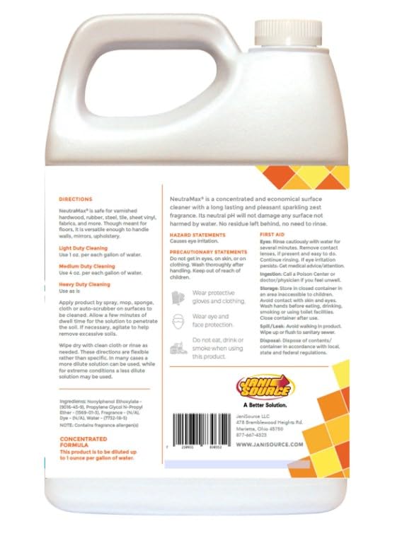 Jani-Source NeutraMax Sparkling Zest Scent Neutral Floor Cleaner - Concentrated, Streak-Free Shine, Residue-Free Formula, 1 Gallon