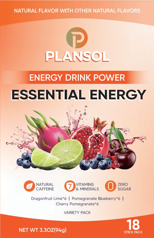 PLANSOL Energy Drink Powder Variety Pack with 18 Sticks, Powdered Drink Mix with 150mg Caffeine for Clean Focus, Sugar Free, Rich in Essential