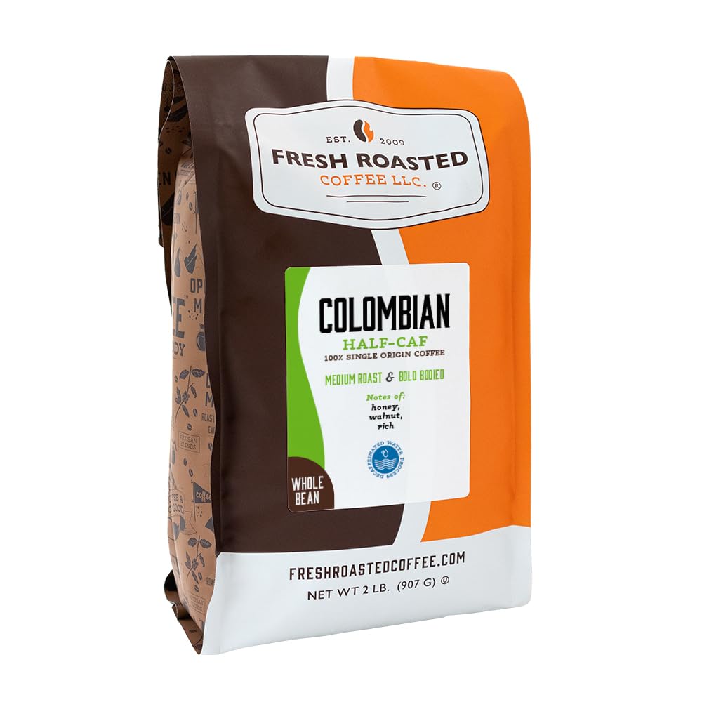 Fresh Roasted Coffee, 100% Colombian Water-Processed Half-Caf Whole Bean Coffee, Medium Roast, Kosher, 2 lb (32 oz)