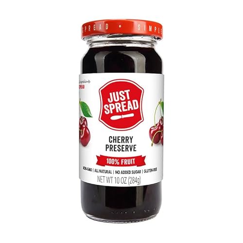 Just Spread 100% Fruit Preserve | Made with Real Fruit Pieces & Only 4 Ingredients | Gluten Free, Vegan, Non GMO, No Added Sugar | 10oz Jar (Cherry)