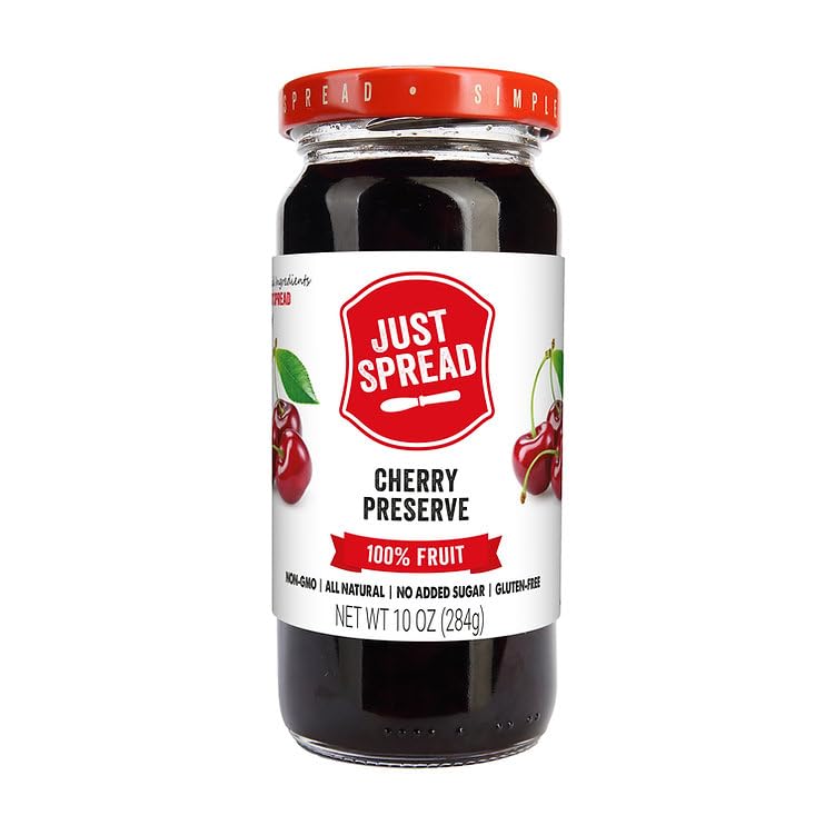 Just Spread 100% Fruit Preserve | Made with Real Fruit Pieces & Only 4 Ingredients | Gluten Free, Vegan, Non GMO, No Added Sugar | 10oz Jar (Cherry)