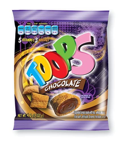 TOOPS Chocolate Breakfast Cereal Snacks candy Foods for kids, Bags Single Serve High vitamins 4.2 Oz (6 Packs) + HOMESTUFF Food Sealing Clips Bag