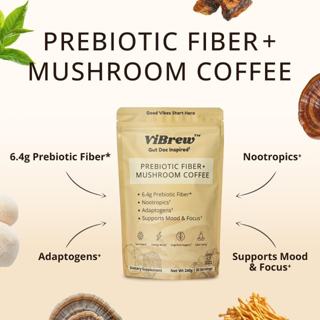 VIBREW GLP-1 Friendly Fiber Supplement- Prebiotic Fiber (6.4g) + Low-Caffeine Organic Arabica + Matcha + Mushrooms for Focus, Energy, Gut Health