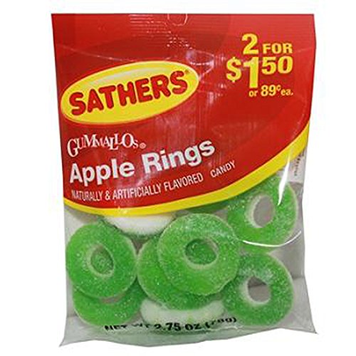 Sathers 2/$1.50 Gummallos Apple Rings, 12 Count (SUGAR CANDY - PEG-BOARD BAGS)