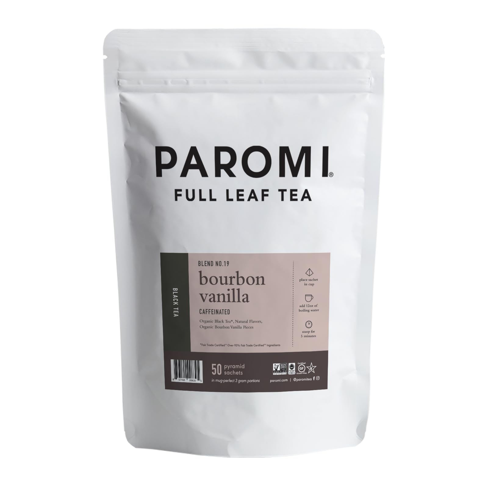 Paromi Bourbon Vanilla Black Tea, Resealable Pouch, 50 Count