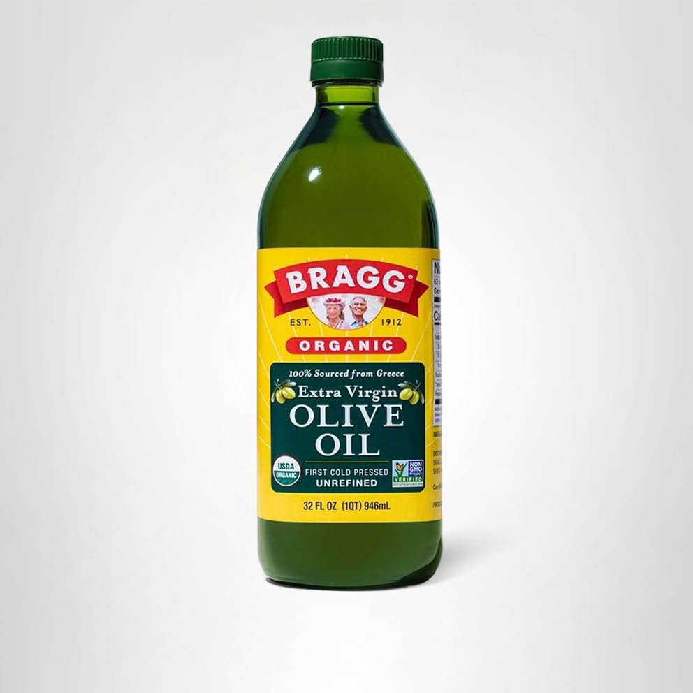 Bragg Organic Extra Virgin Olive Oil - 32 fl oz - Sourced from Organic Greek Koroneiki Olives - Great for Cooking at Home
